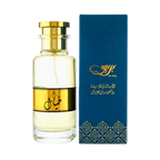 Perfume bottle with gold cap and label next to a blue box with gold design on a white background